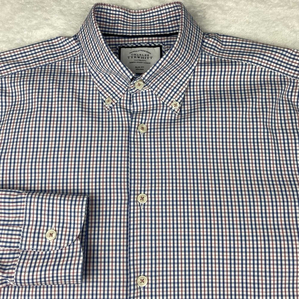 Charles Tyrwhitt Dress Shirt Men's 16-33 Blue/Lavender Checks Slim Fit No Iron